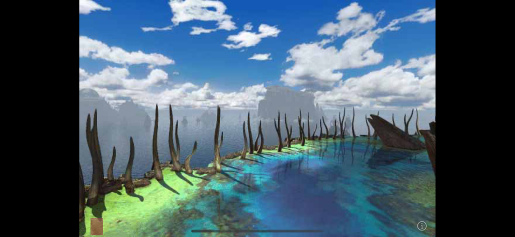 Riven (Legacy) for Mobile - A scenic view from Riven featuring a blue lagoon on a cliff edge with large bone-like spikes overlooking a misty ocean.