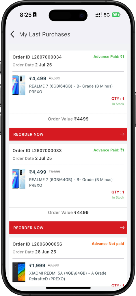 DD App B2R - DD App B2R purchase history screen showing past orders of refurbished mobile phones