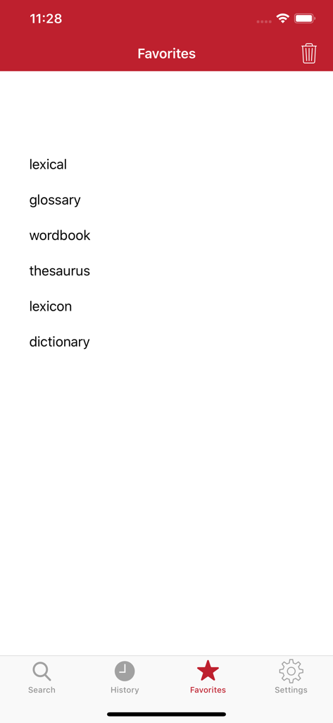 Favorites screen in the Tureng Dictionary app showing a list of saved vocabulary terms.
