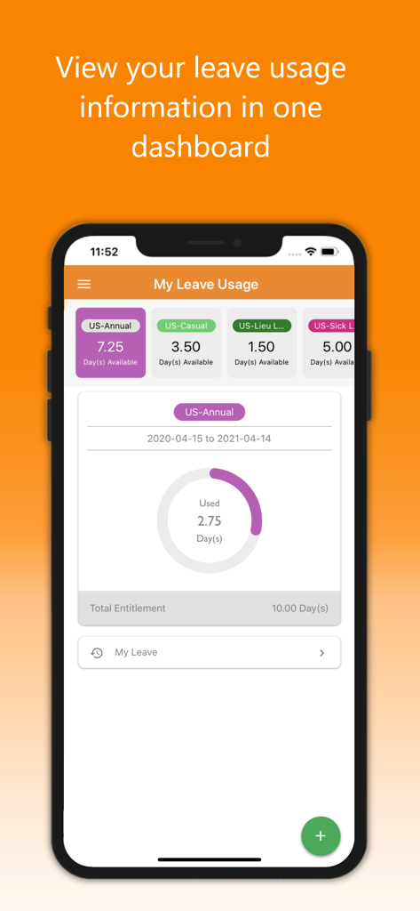OrangeHRM Open Source - Mobile dashboard of the OrangeHRM app showing annual and casual leave balances with a usage progress chart