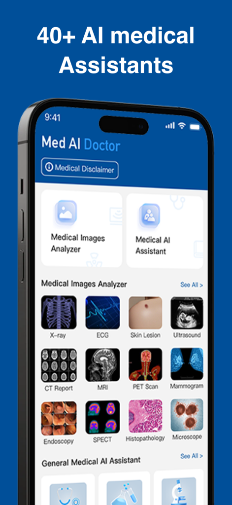 Med AI Doctor Assistant - X線、MRI、CTスキャンのさまざまなAI医療画像解析ツールを示すMed AI Doctorアプリのインターフェース。