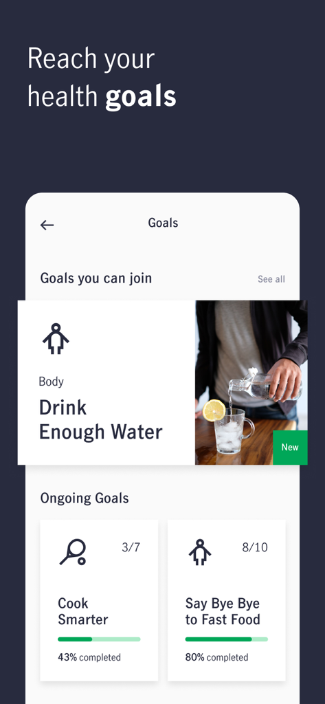 ManulifeMOVE app interface showing health and nutrition goals like drinking water and cooking smarter with progress tracking