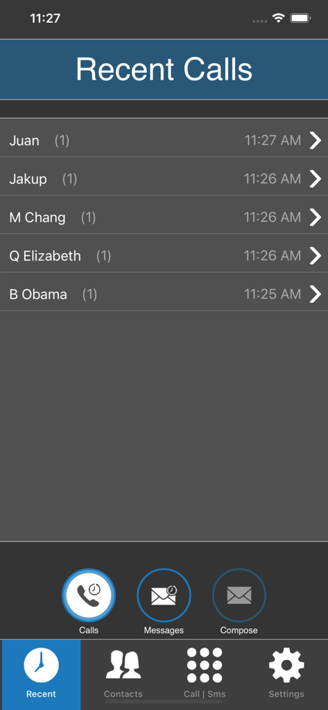 MobileVOIP app Recent Calls screen showing a list of contacts and call timestamps.