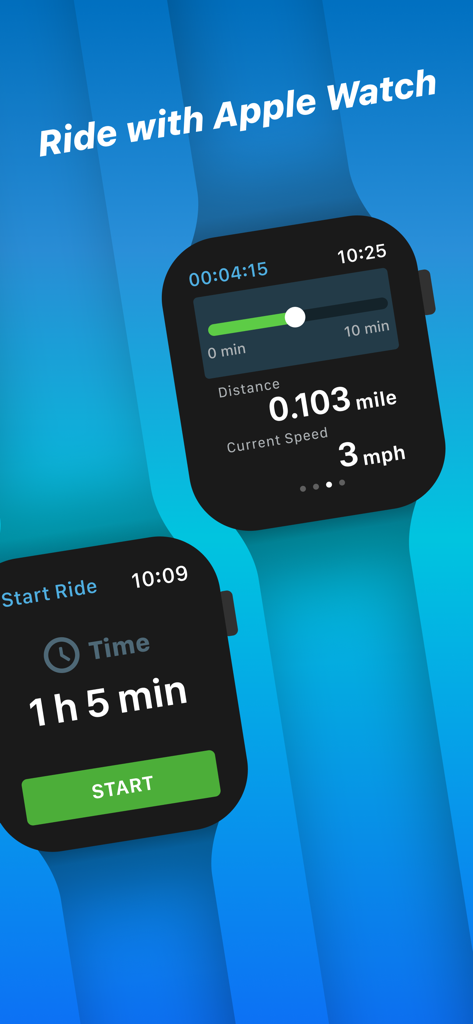 Bicycle GPS tracking app interface on Apple Watch showing ride distance and speed statistics.