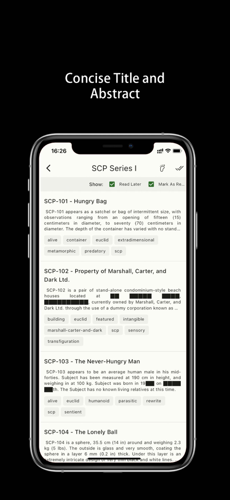 Only SCP - Una lista de artículos de la Fundación SCP con títulos y resúmenes concisos en la aplicación Only SCP.