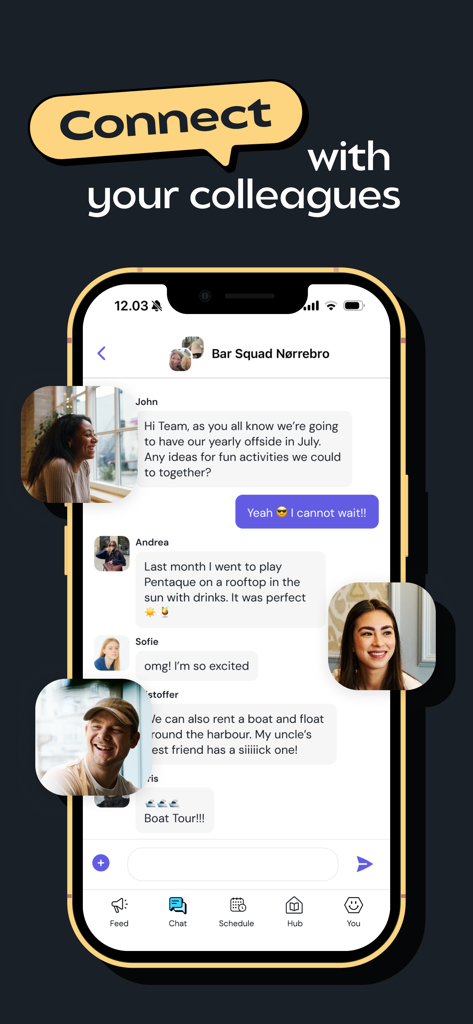 All Gravy - Smartphone screen showing the All Gravy group chat feature where colleagues discuss work social activities