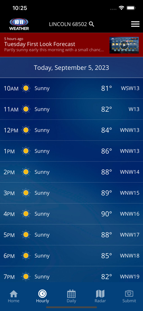 10/11 NOW Weather - Hourly weather forecast for Lincoln Nebraska showing sunny conditions and temperatures on the 10 11 NOW Weather app