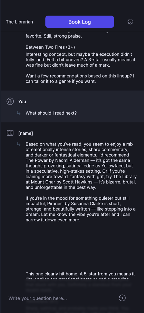 The Librarian - A chat interface in The Librarian app showing personalized book recommendations from an AI assistant based on a users reading history