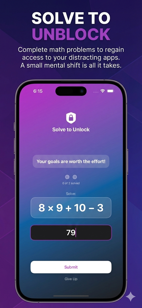 BrainGate: Focus Math Blocker - Un smartphone que muestra un desafío matemático dentro de la aplicación BrainGate para desbloquear aplicaciones que distraen.