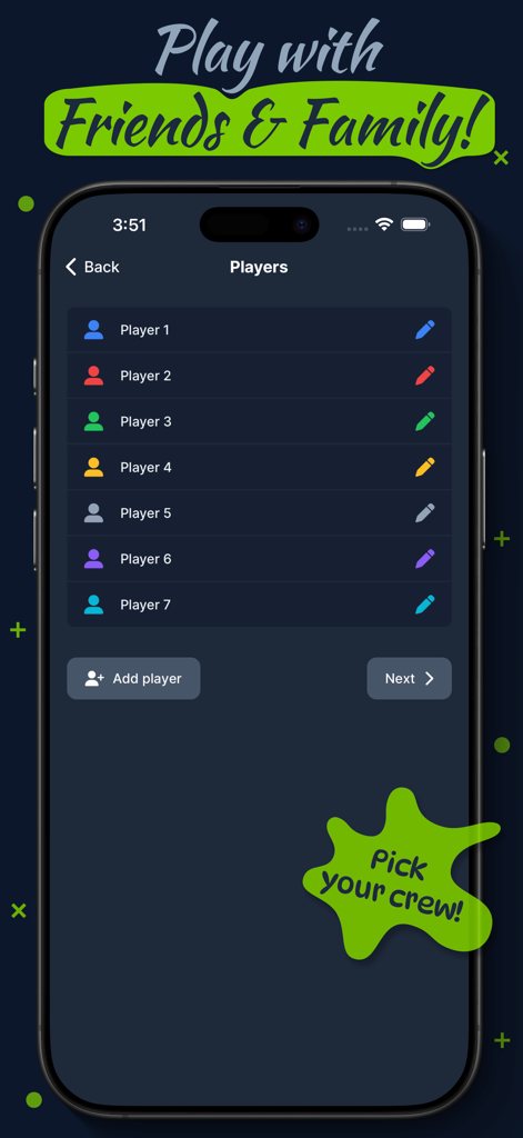 Decode Quest: Trivia Quiz Game - Player selection screen in the Decode Quest trivia game for adding friends and family to a match.