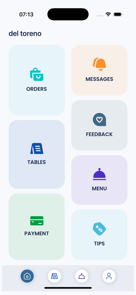 Quick Touch Waiter - Mobile app dashboard for Quick Touch Waiter displaying management tiles for orders tables and payments