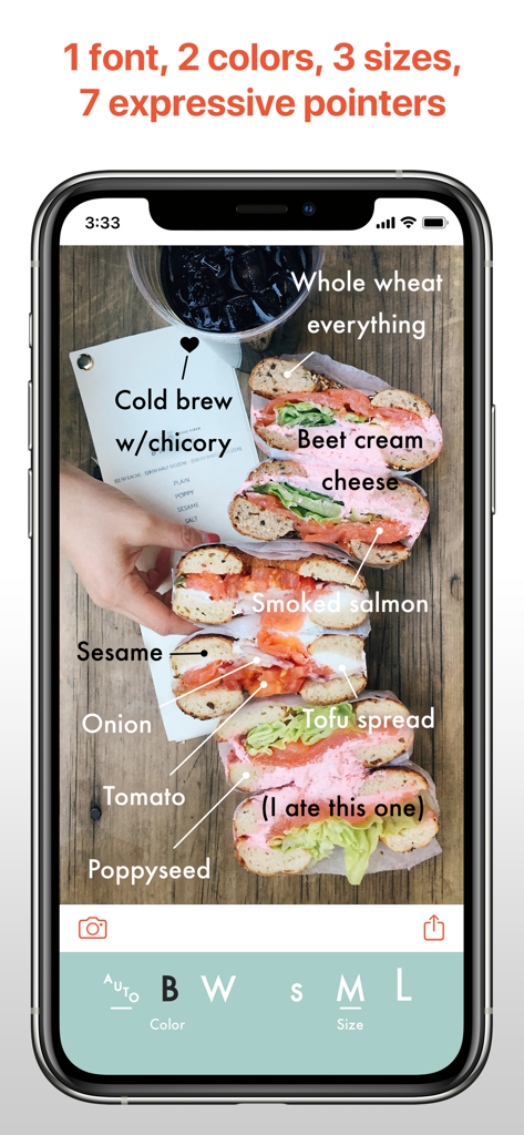 This: Easy Photo Labels - An iPhone screenshot of the This app showing minimalist text labels and pointers used to annotate a photo of bagels and coffee.