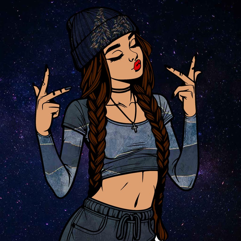 realistic teenage girl with braids and a beanie and crop top doing 🫶🏼