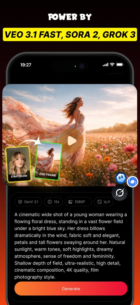 GenV - AI Video Generator - GenV app interface showing a cinematic text prompt and video preview of a woman in a floral dress generated by AI
