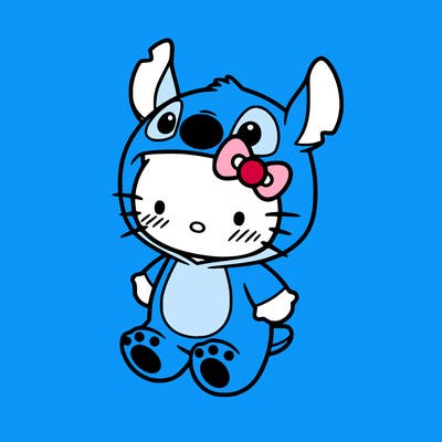 little cute hello kitty, blushing with little stitch costume