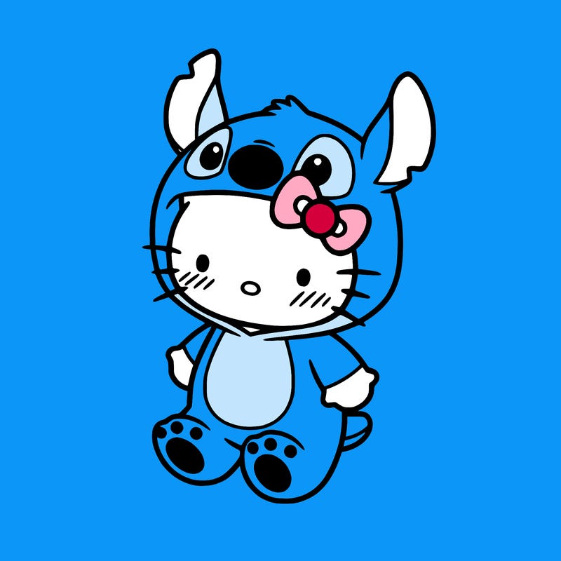 little cute hello kitty, blushing with little stitch costume