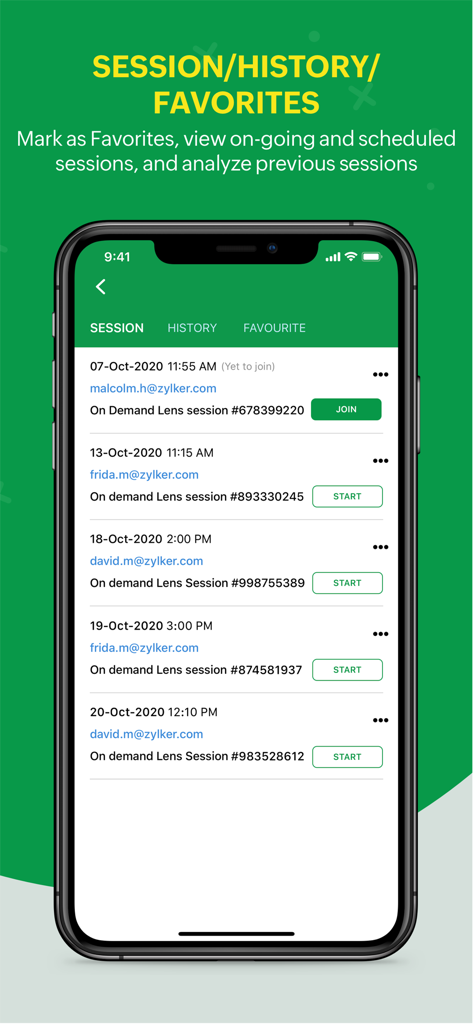 Zoho Lens - Zoho Lensアプリインターフェース、履歴と「お気に入り」タブ付きのリモートアシスタンスセッションのリストを表示