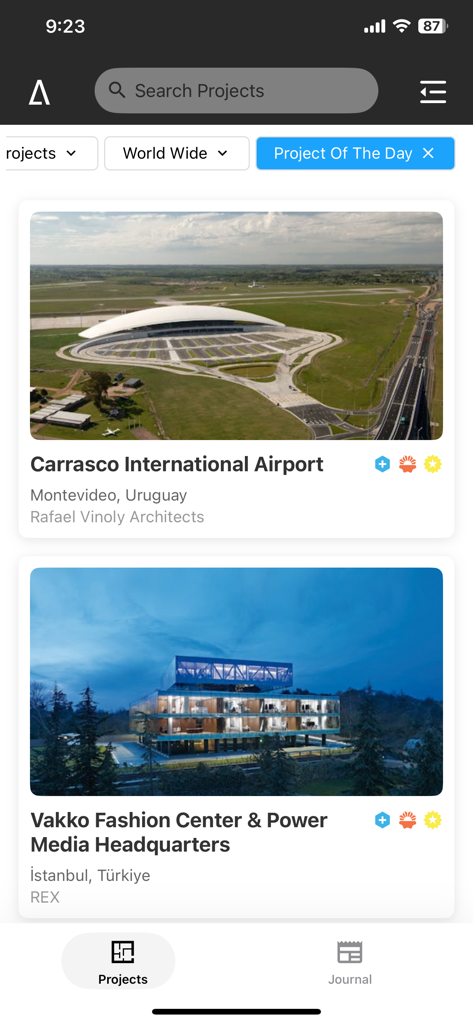 Architizer: A+ Architecture - Screenshot of the Architizer app project feed featuring global architecture highlights
