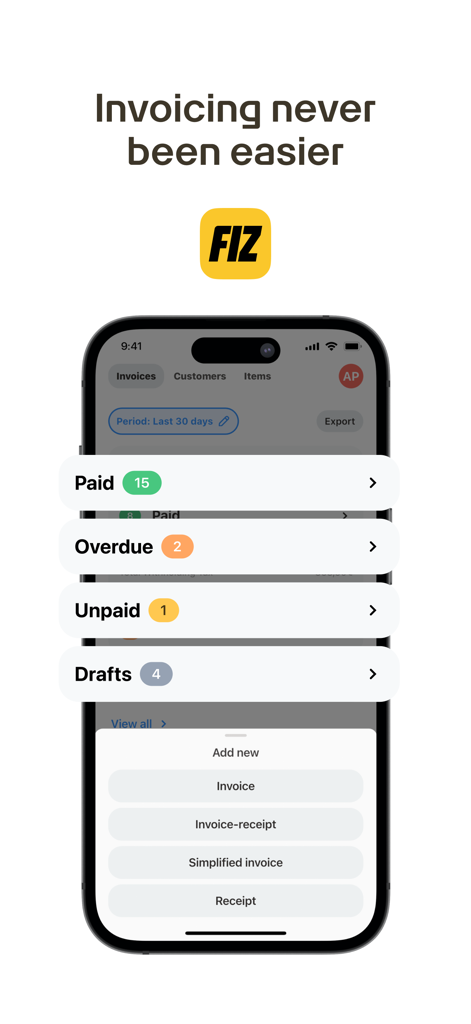 FIZ mobile app interface showing invoice status categories and creation options