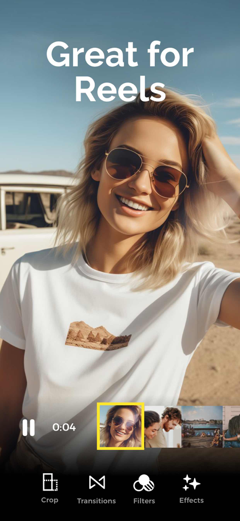 StoryWave - Video Maker - StoryWave app interface with Great for Reels text and video editing tools