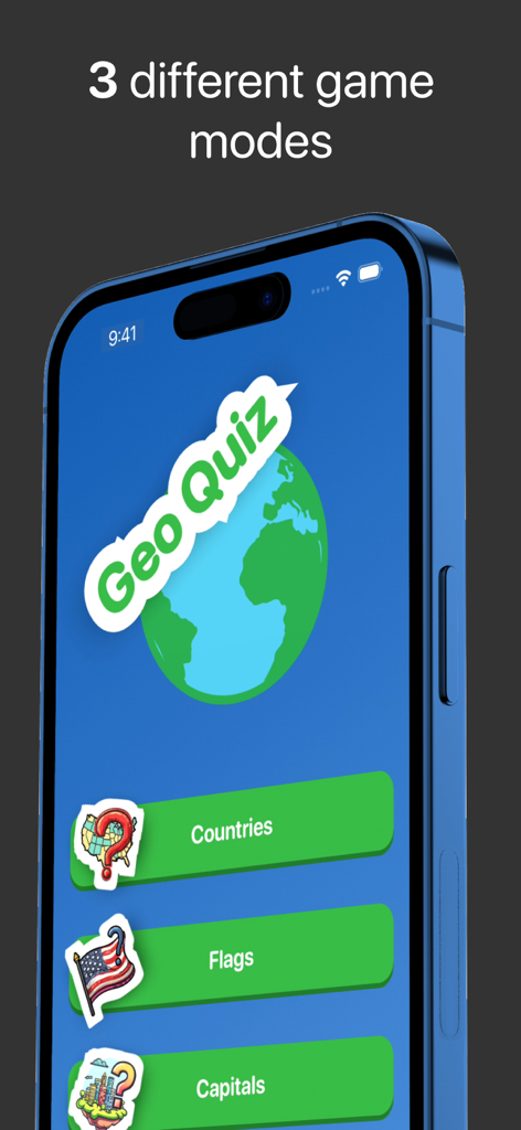 Geography Games - Geo Quiz - 地理ゲームGeoクイズアプリのメインメニューに、国、国旗、首都のゲームモードが表示されています。