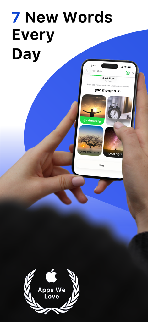 Una persona che usa l'app Impara il norvegese con LENGO per imparare sette nuove parole ogni giorno attraverso un quiz visivo.