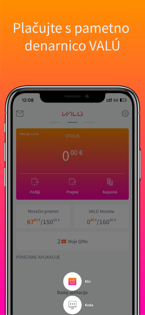 VALÚ - Main dashboard of the VALU smart wallet app showing account balance and transaction options