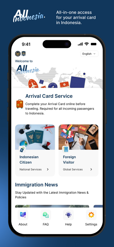 Interfaccia principale dell'app All Indonesia che mostra il Servizio Carta d'Imbarco per visitatori stranieri e cittadini indonesiani
