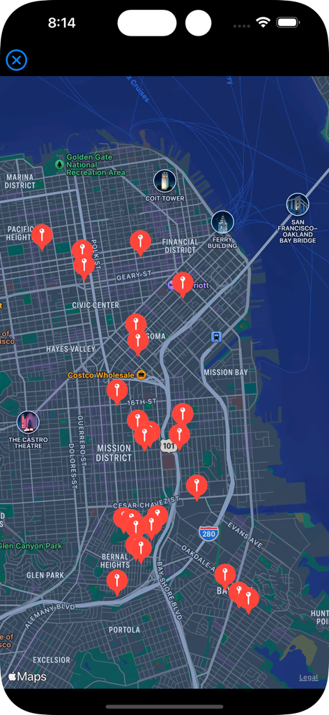 PWS Monitor - A map of San Francisco with red pins indicating the locations of various personal weather stations in the PWS Monitor app.