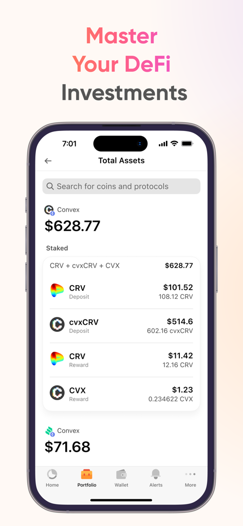 CoinStats: Crypto Portfolio - Interfaz de la aplicación CoinStats que muestra activos de cartera DeFi y valores de tokens apostados
