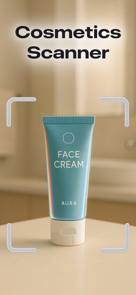Cosmetic Scanner: CosmiqAI - A smartphone interface scanning a tube of face cream using the CosmiqAI app.