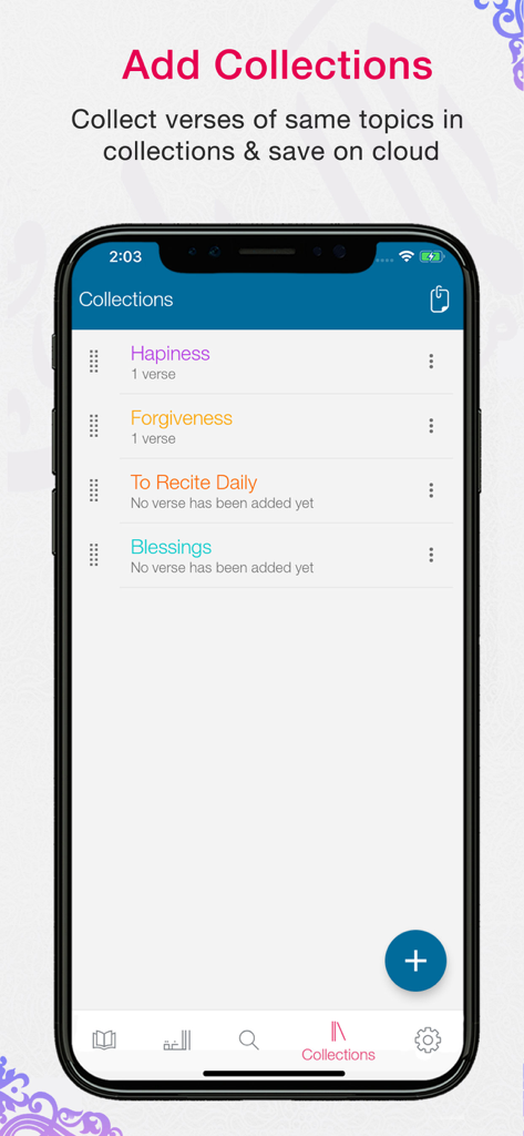 Quran App Read,Listen,Search - Captura de pantalla que muestra la función Colecciones de la App del Corán con carpetas para Felicidad, Perdón, Recitación Diaria y Bendiciones.