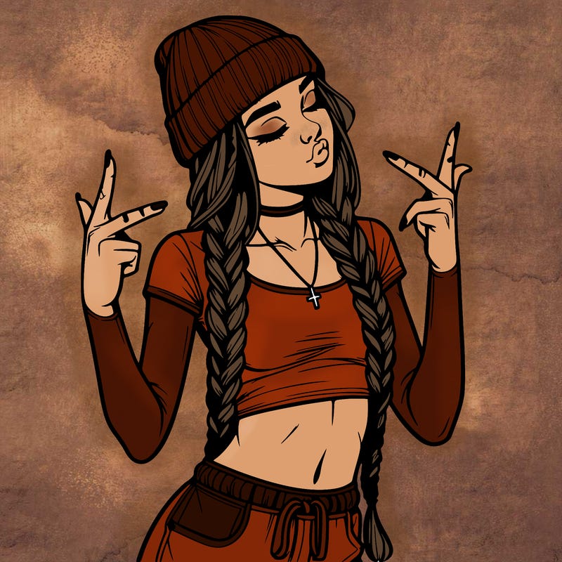 realistic teenage girl with braids and a beanie and crop top doing 🫶🏼