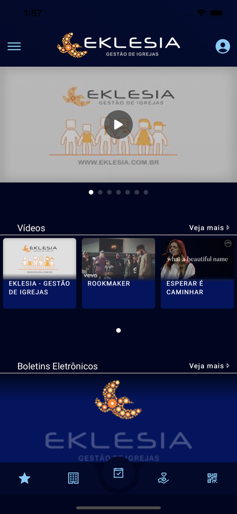 Portal Eklesia - Portal Eklesia church app home screen featuring religious videos and electronic bulletins.