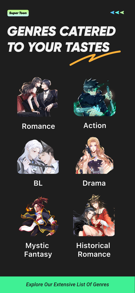 SuperToon app interface displaying various comic genres like Romance, Action, and BL