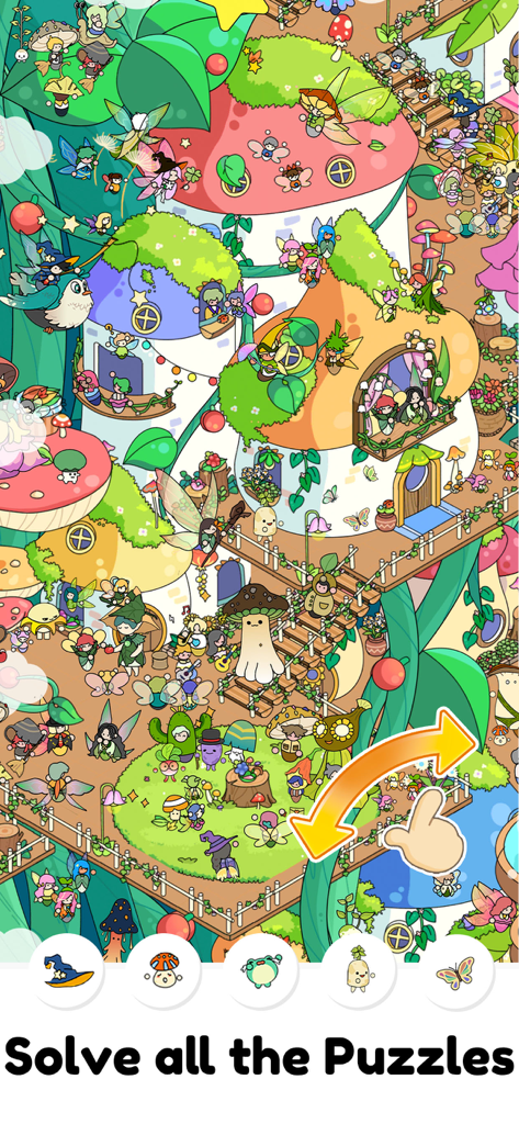 Find It: Hidden Objects Game - Ein detailreiches und lebendiges Wimmelbildrätsel mit einem magischen Feendorf mit Pilzhäusern und skurrilen Charakteren.