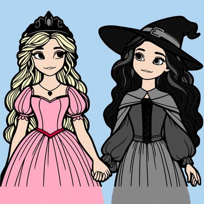a princess and a witch holding hands realistic