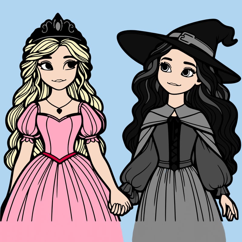 a princess and a witch holding hands realistic
