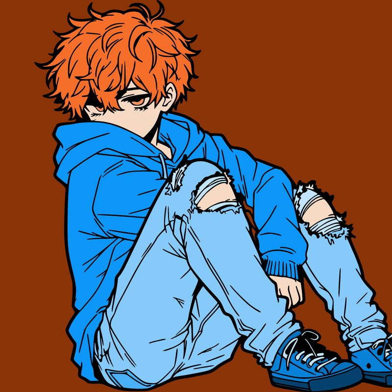 a male hoddie ripped jeans messy hair anime