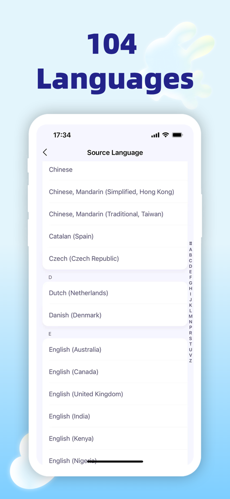 Interfaz de smartphone mostrando 104 idiomas admitidos y dialectos regionales en la aplicación iTourTranslator.