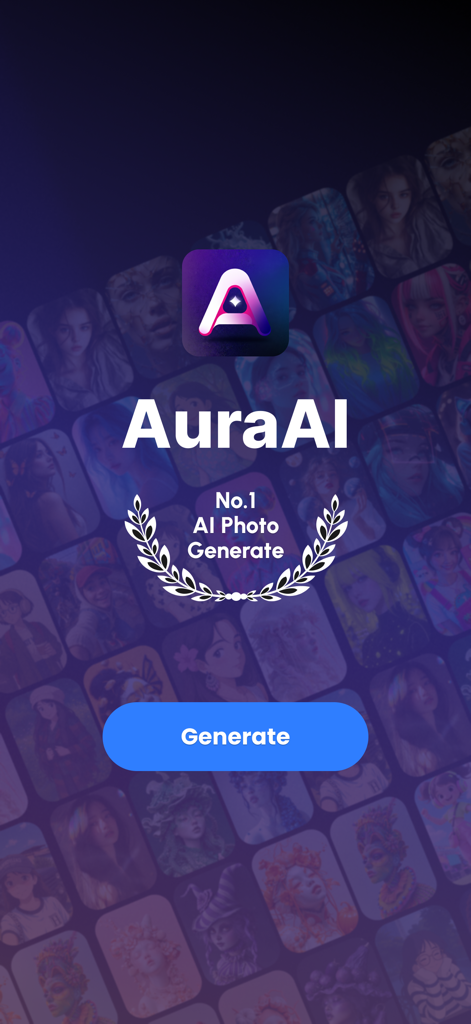 AuraAI: Photo Generator - AuraAI app splash screen with logo and a gallery of diverse AI generated portraits