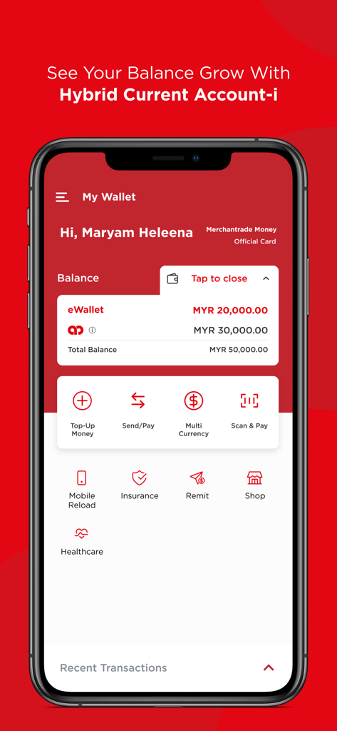Merchantrade Money app dashboard showing My Wallet balance and icons for multi currency remittance and insurance services