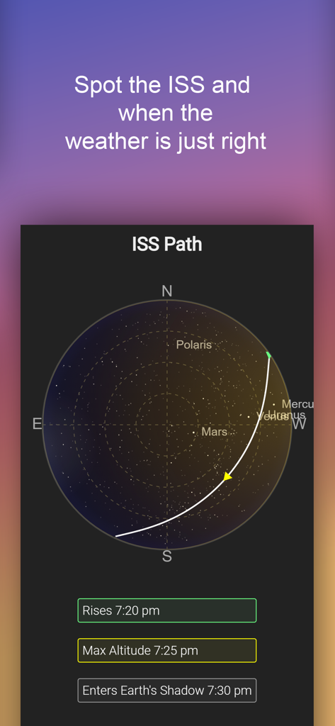 Astrospheric app interface showing the International Space Station path and sky map