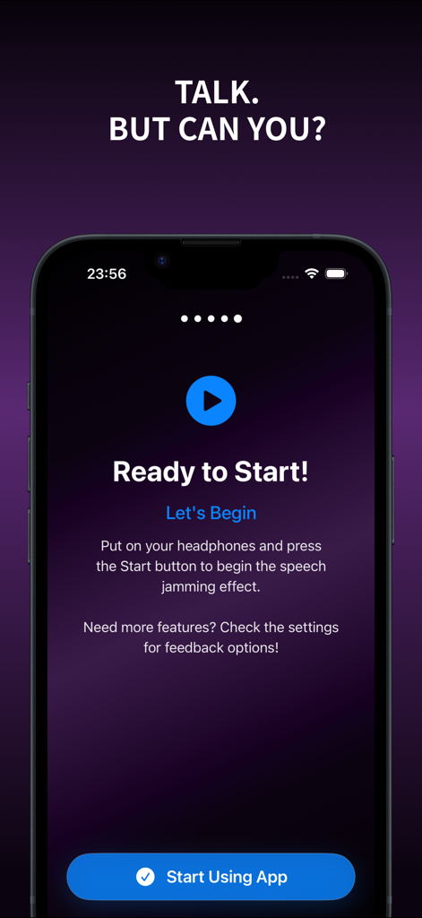Speech Jammer: Voice Delay App - Interfaz de la aplicación Speech Jammer que muestra la pantalla de inicio e instrucciones para usar auriculares.