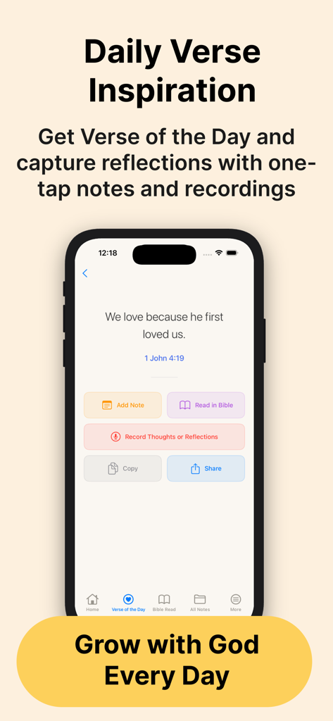 Bible Note Taker, Record, Chat - Interface of the Bible Note Taker app showing a daily verse with recording and note taking options
