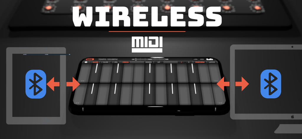 KB-1 Keyboard Suite app showing wireless MIDI connectivity via Bluetooth between iPhone iPad and Mac