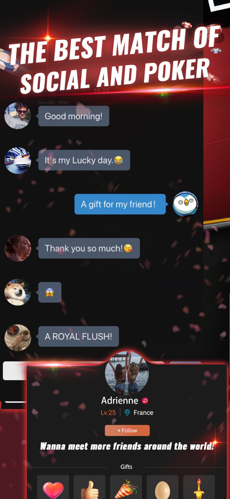 Social chat interface and player profiles in the PokerGaga Texas Holdem app