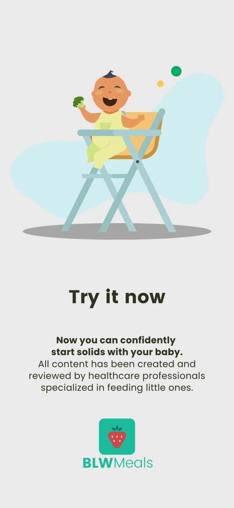 BLW Meals: Starting Solids - Illustration of a happy baby in a high chair with text about starting solid foods confidently using expert-reviewed content from the BLW Meals app.