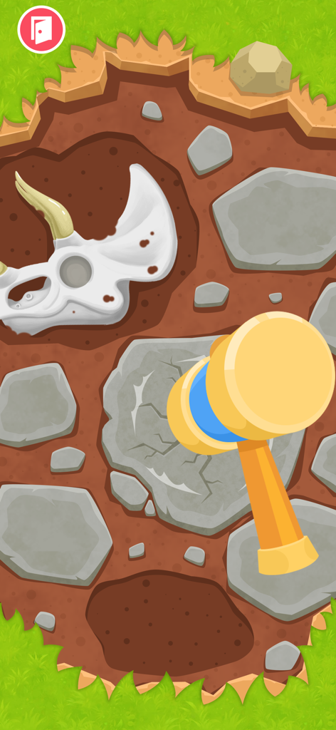 Jeu de mini-archéologie pour enfants où un marteau de jouet casse des pierres pour révéler un crâne de fossile de dinosaure