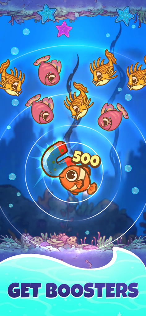 Fish Eat Fish: Go Feed to Grow - Captura de tela da jogabilidade de Fish Eat Fish mostrando um peixe laranja usando um booster de ímã para atrair presas menores debaixo d'água.